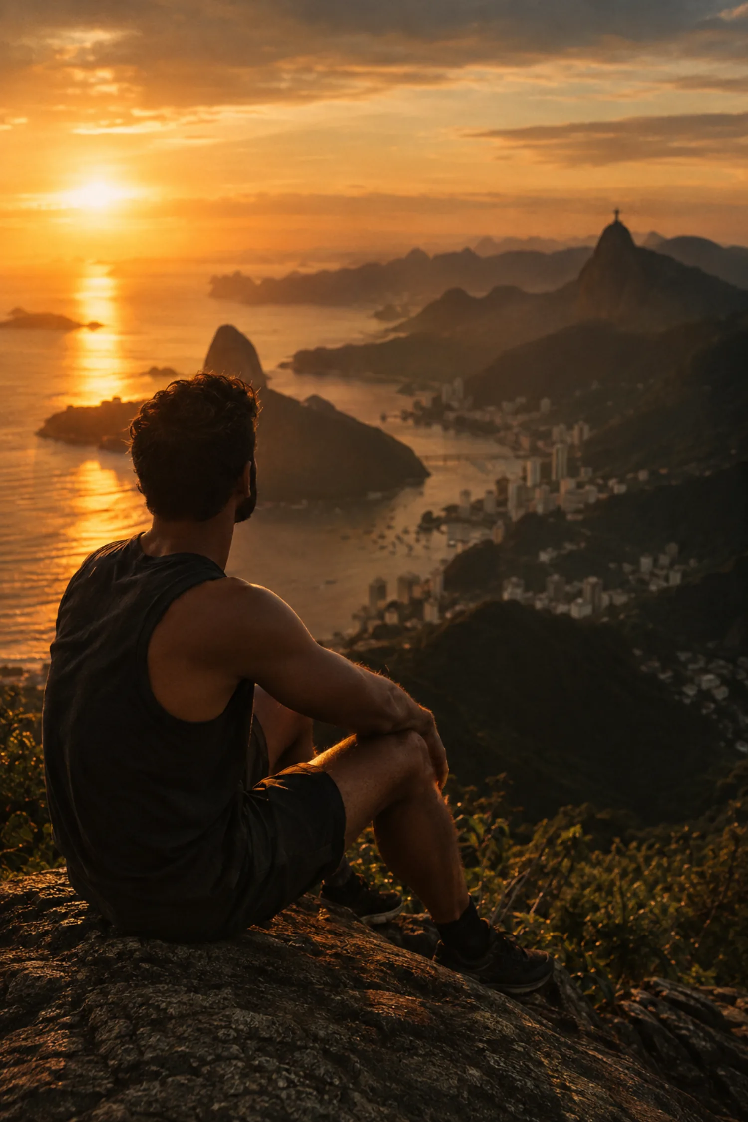 Homem em uma trilha de montanha ao amanhecer no Rio de Janeiro