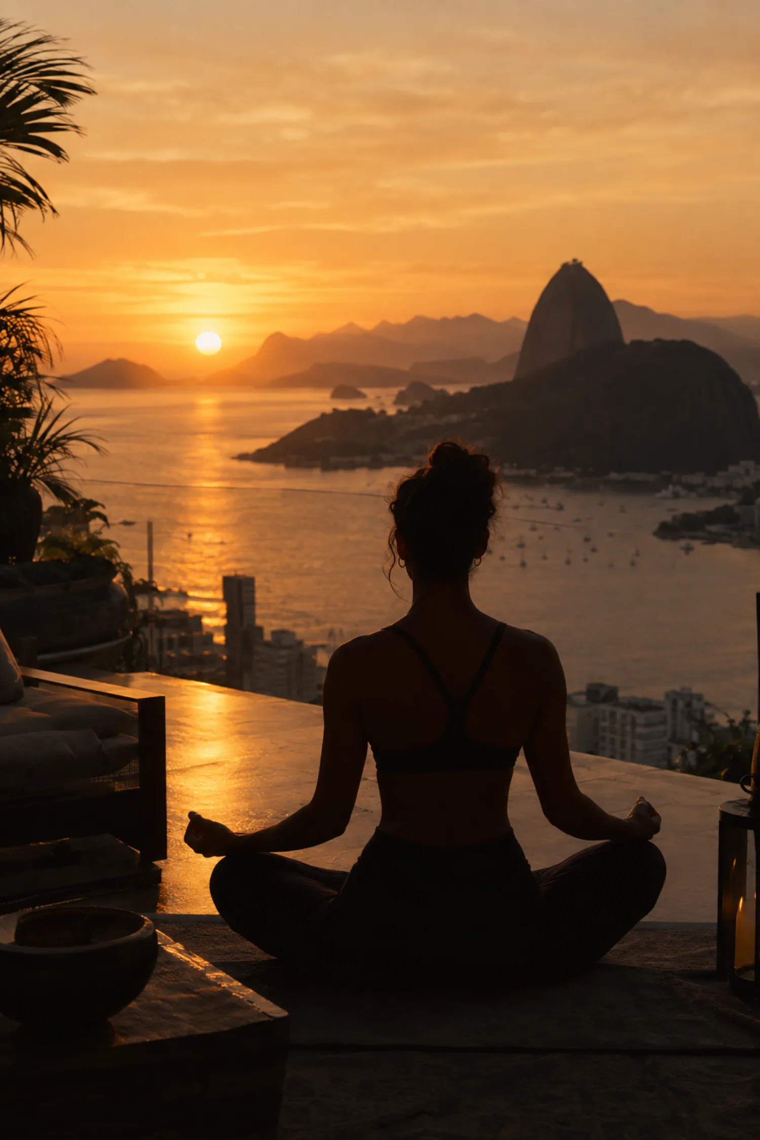 Mulher meditando de frente para o mar ao amanhecer