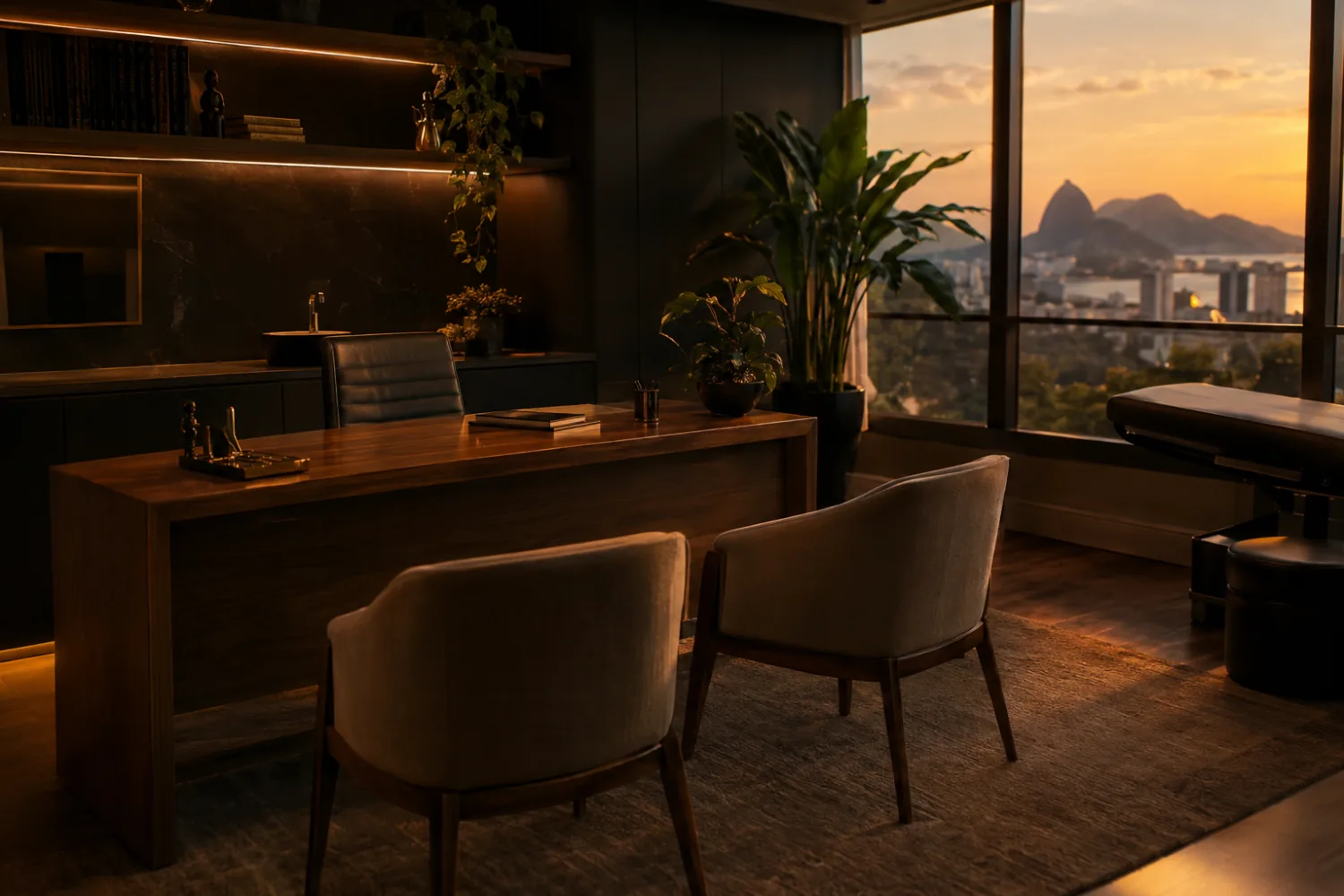 Consultório da ELEV com mesa de madeira e poltronas