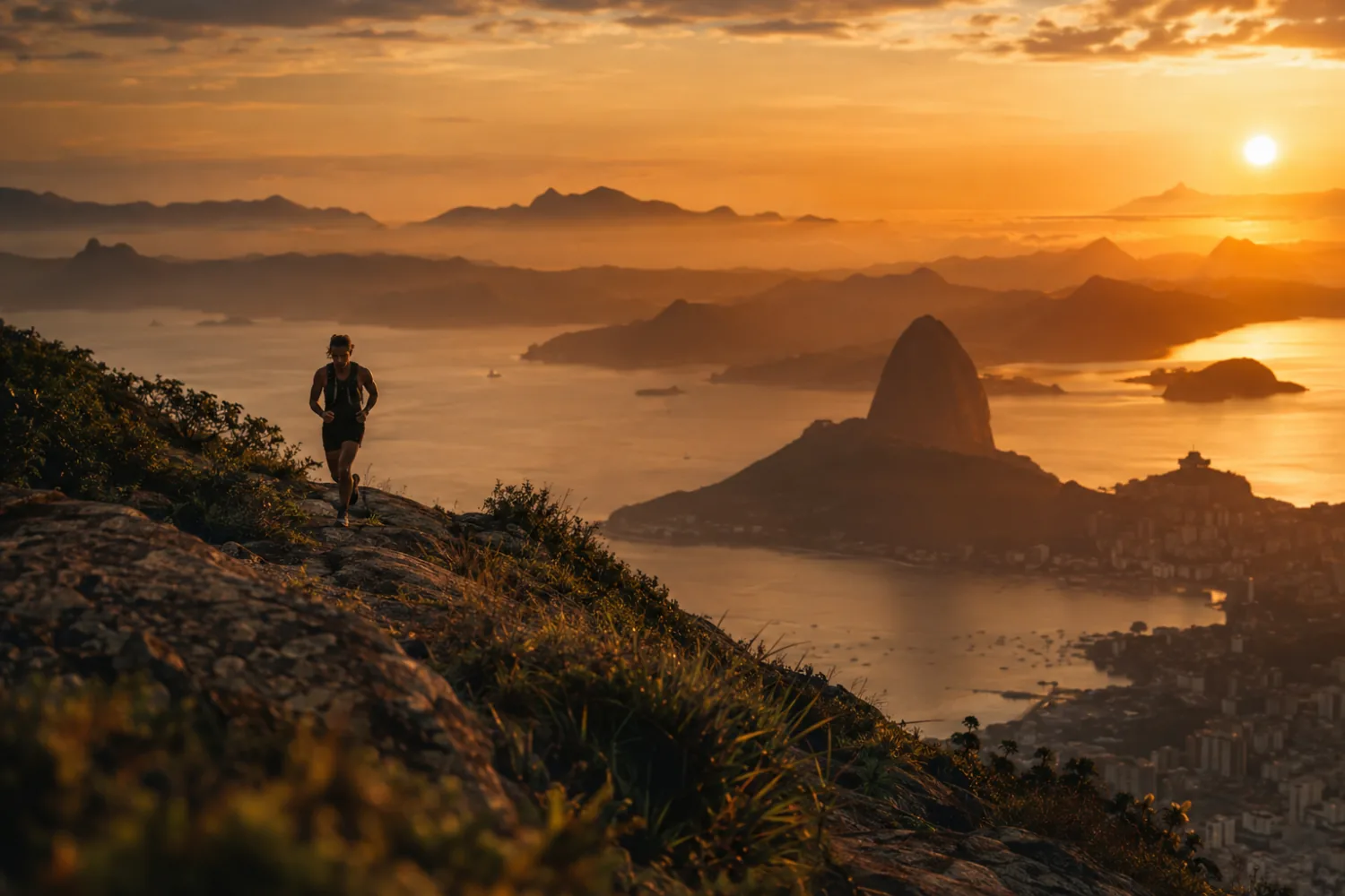 Corredor em uma crista de montanha ao amanhecer
