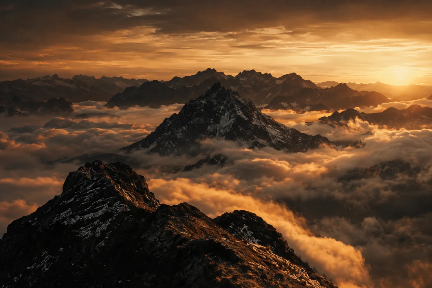Montanhas emergindo das nuvens ao amanhecer